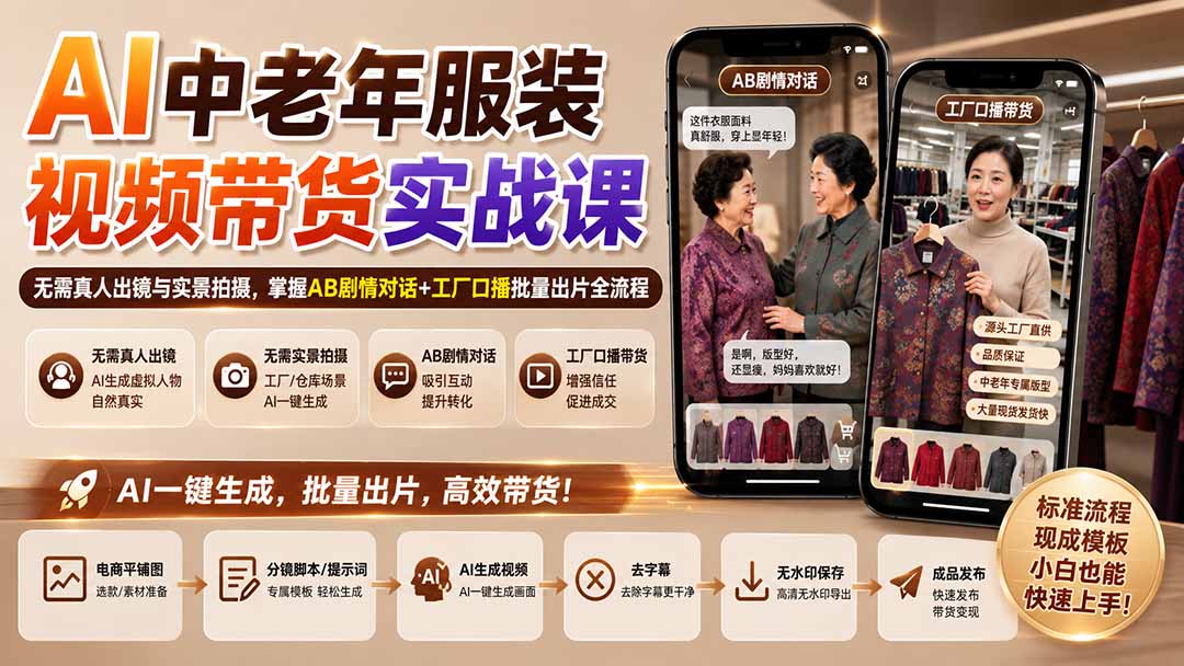 AI中老年服装视频带货实战课：无需真人出镜与实景拍摄，掌握AB剧情对话+工厂口播批量出片全流程-heixxmi