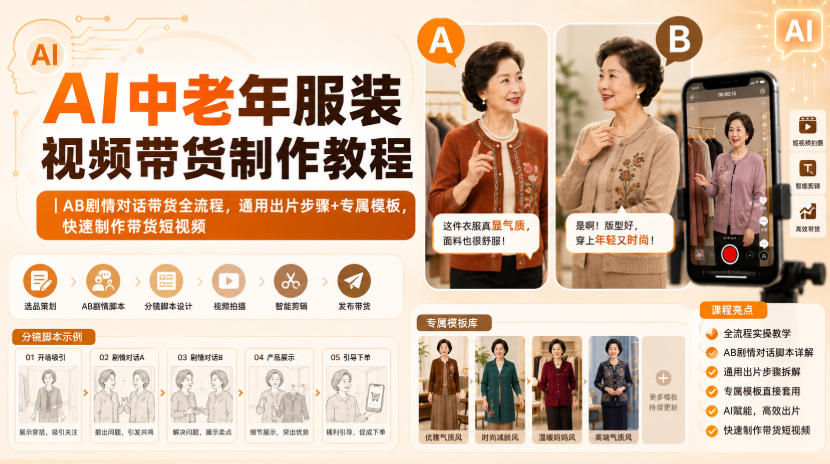 AI中老年服装视频带货制作教程｜AB剧情对话带货全流程，通用出片步骤+专属模板，快速制作带货短视频-heixxmi