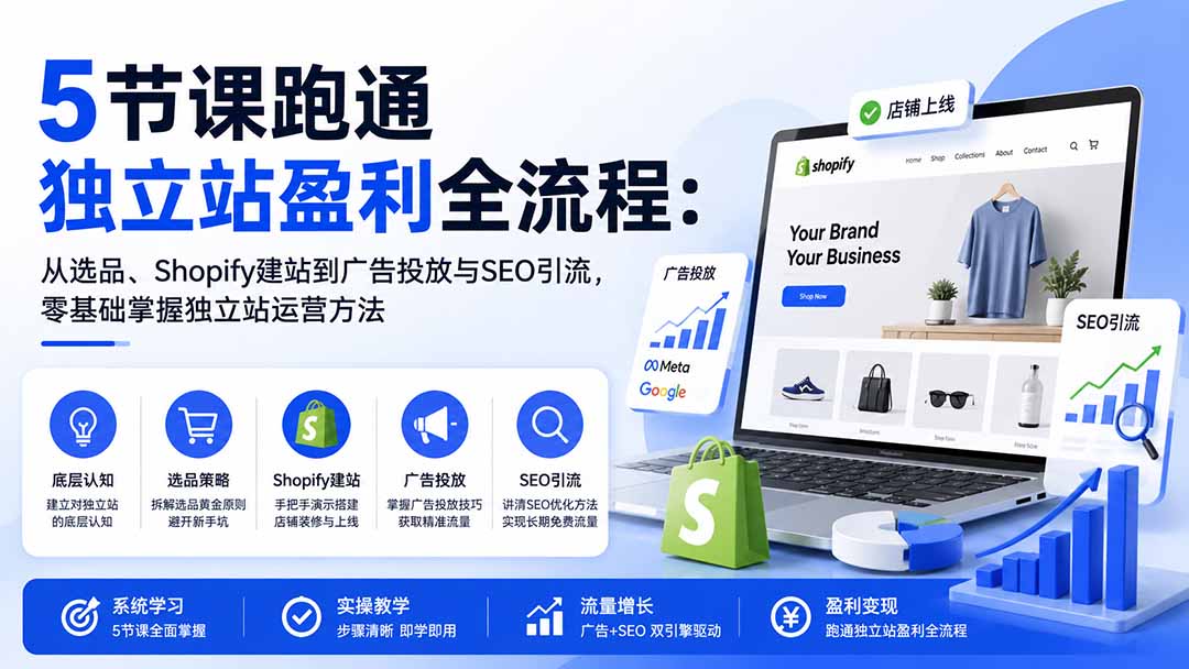 图片[1]-5节课跑通独立站盈利全流程：从选品、Shopify建站到广告投放与SEO引流，零基础掌握独立站运营方法-heixxmi