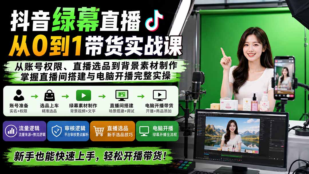 抖音绿幕直播从0到1带货实战课：从账号权限、直播选品到背景素材制作，掌握直播间搭建与电脑开播完整实操-heixxmi