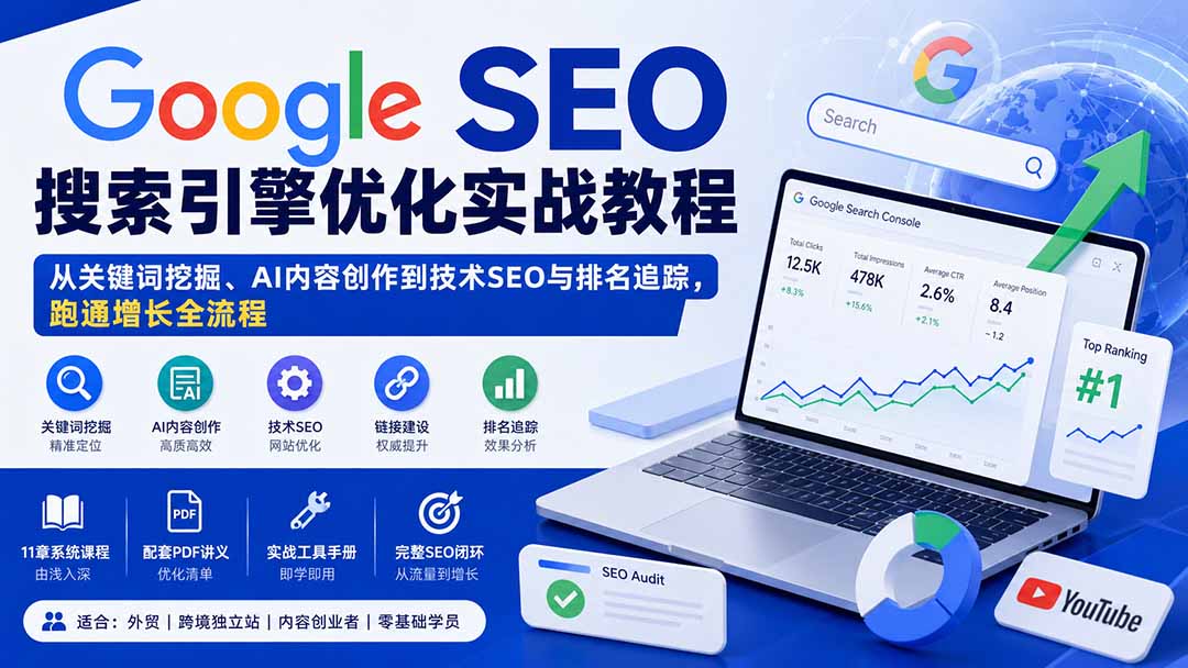Google SEO搜索引擎优化实战教程：从关键词挖掘、AI内容创作到技术SEO与排名追踪，跑通增长全流程-heixxmi