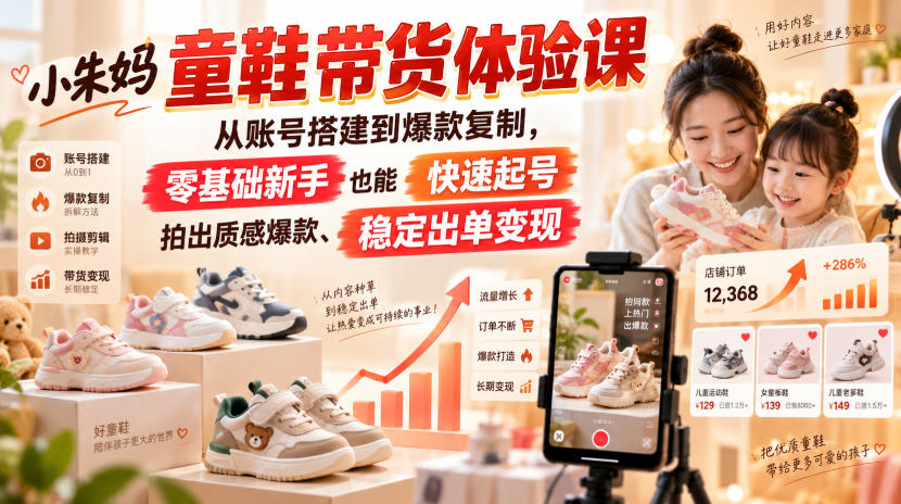 小朱妈童鞋带货体验课，从账号搭建到爆款复制，零基础新手也能快速起号、拍出质感爆款、稳定出单变现-heixxmi