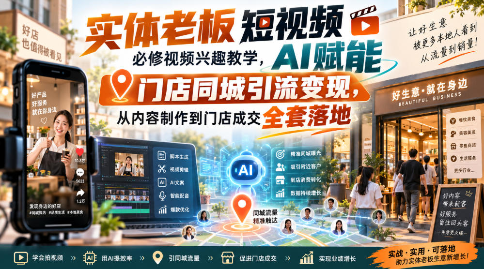 实体老板短视频必修视频兴趣教学，AI赋能门店同城引流变现，AI+短视频+直播打爆实体客流量-heixxmi
