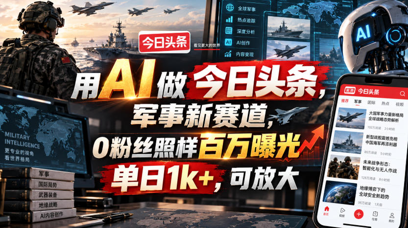 用AI做今日头条，军事新赛道，0粉丝照样百万曝光，单日1k+，可放大-heixxmi