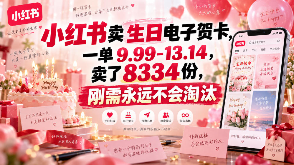 小红书卖生日电子贺卡，一单9.99-13.14，卖了8334份，刚需永远不会淘汰-heixxmi