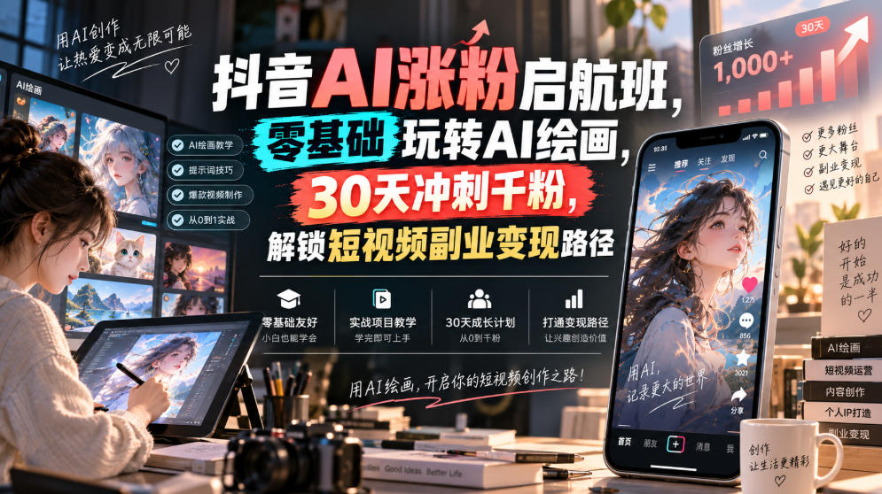 抖音AI涨粉启航班，零基础玩转AI绘画，30天冲刺千粉，解锁短视频副业变现路径-heixxmi