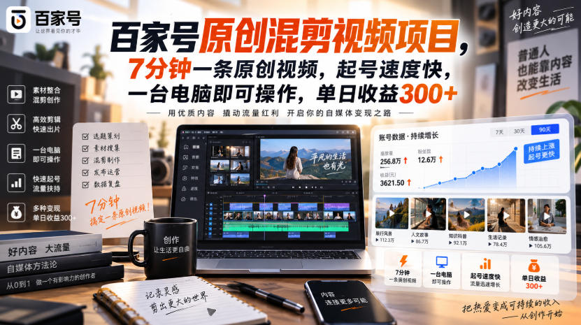 百家号原创混剪视频项目，7分钟一条原创视频，起号速度快，一台电脑即可操作，单日收益300+-heixxmi