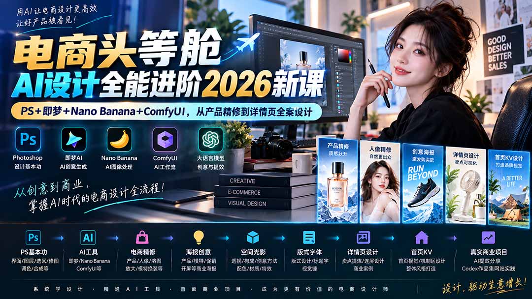 电商头等舱AI设计全能进阶2026新课：PS+即梦+Nano Banana+ComfyUI，从产品精修到详情页全案设计-heixxmi
