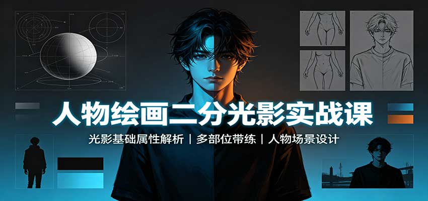 人物绘画二分光影实战课：光影基础属性解析，多部位带练，人物场景设计-heixxmi