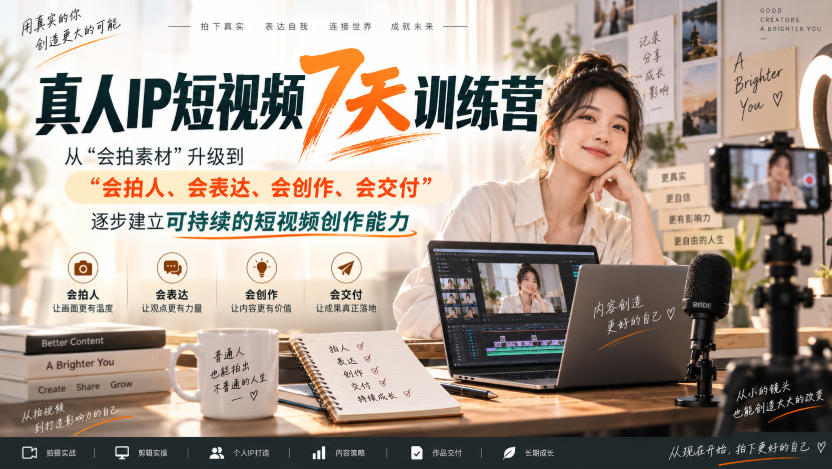 真人IP短视频7天训练营，从“会拍素材”升级到“会拍人、会表达、会创作、会交付”，逐步建立可持续的短视频创作能力-heixxmi