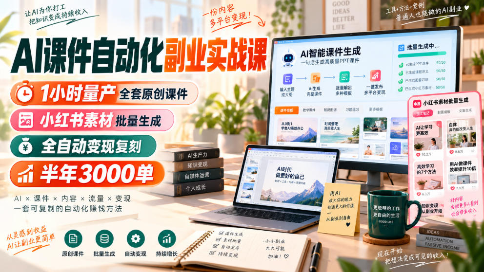 AI课件自动化副业实战课，1小时量产全套原创课件，小红书素材批量生成，全自动变现复刻，半年3000单-heixxmi