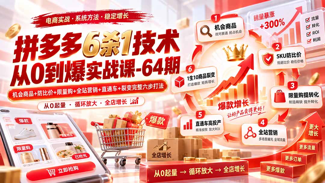 拼多多6杀1技术从0到爆实战课-64期：机会商品+防比价+限量购+全站营销+直通车+裂变完整六步打法-heixxmi