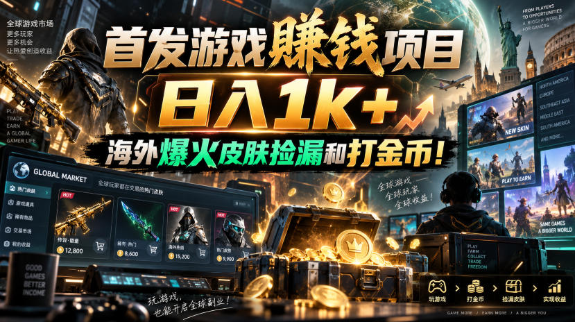 首发游戏賺钱项目，日入1k+，海外爆火皮肤捡漏和打金币！【揭秘】-heixxmi