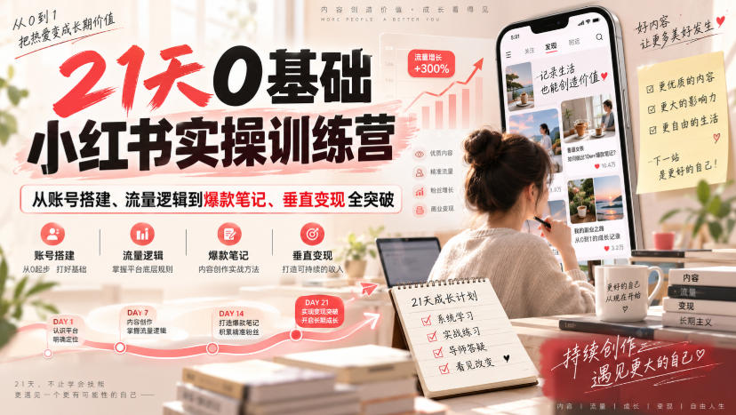 21天0基础小红书实操训练营｜从账号搭建、流量逻辑到爆款笔记、垂直变现全突破-heixxmi