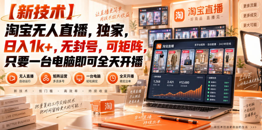 【独家新技术】淘宝无人直播，日入1k+，无封号，可矩阵，只要一台电脑即可全天开播【揭秘】-heixxmi