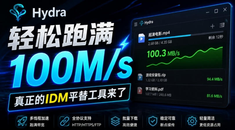 轻松跑满100M/s，真正的IDM平替工具来了，开源多线程器，支持浏览器拓展，一键智能加速Hydra Download Manager-heixxmi