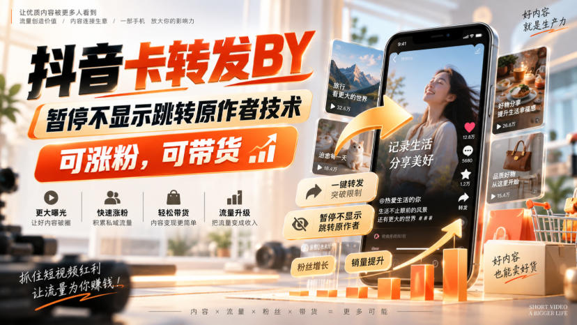 抖音卡转发搬运，暂停不显示跳转原作者技术，可涨粉，可带货-heixxmi