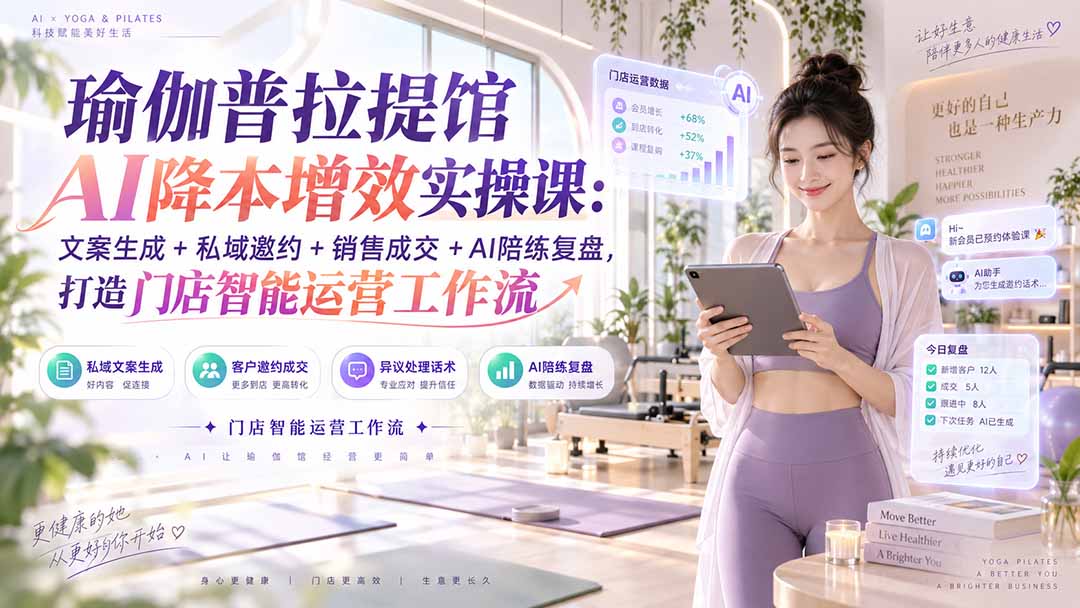 瑜伽普拉提馆AI降本增效实操课：文案生成+私域邀约+销售成交+AI陪练复盘，打造门店智能运营工作流-heixxmi