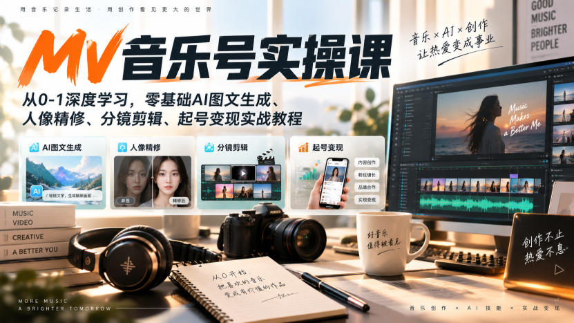 AI MV音乐号实操课，从0-1深度学习，零基础AI图文生成、人像精修、分镜剪辑、起号变现实战教程-heixxmi