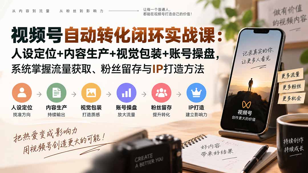 视频号自动转化闭环实战课：人设定位+内容生产+视觉包装+账号操盘，系统掌握流量获取、粉丝留存与IP打造方法-heixxmi