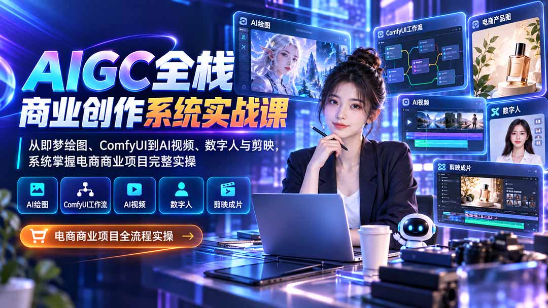 AIGC全栈商业创作系统实战课：从即梦绘图、ComfyUI到AI视频、数字人与剪映，系统掌握电商商业项目完整实操-heixxmi