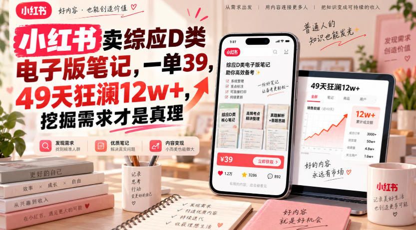 小红书卖综应D类电子版笔记，一单39，49天狂澜12w+，挖掘需求才是真理-heixxmi