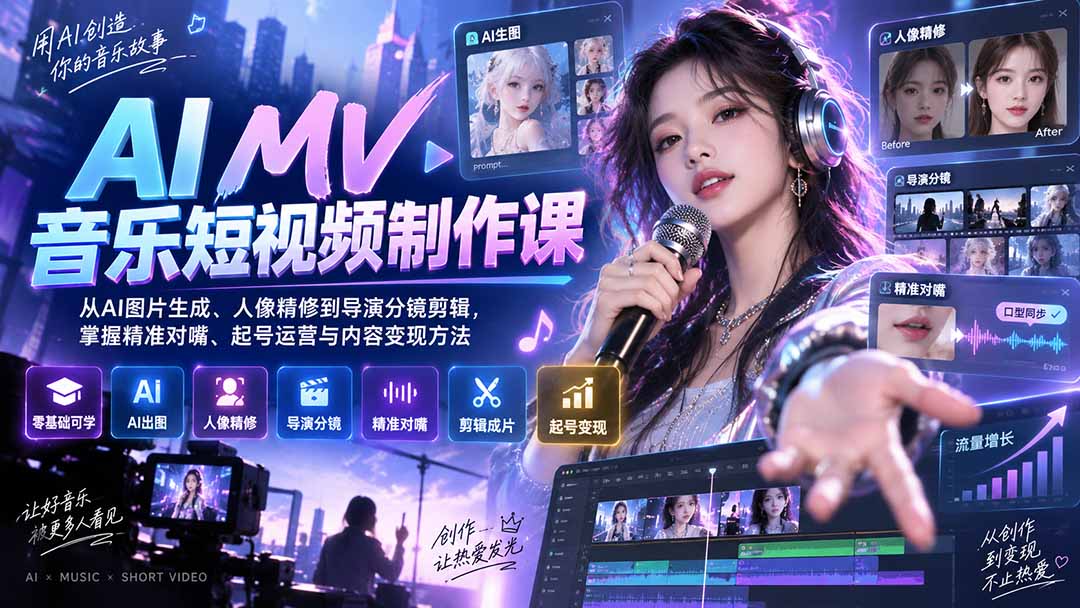 AI MV音乐短视频制作课：从AI图片生成、人像精修到导演分镜剪辑，掌握精准对嘴、起号运营与内容变现方法-heixxmi
