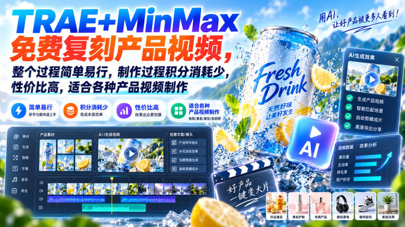TRAE+MinMax免费复刻产品视频，整个过程简单易行，制作过程积分消耗少，性价比高，适合各种产品视频制作-heixxmi