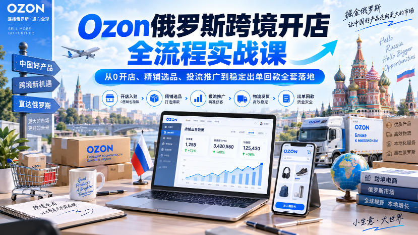 Ozon俄罗斯跨境开店全流程实战课｜从0开店、精铺选品、投流推广到稳定出单回款全套落地-heixxmi