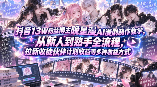 抖音13W粉丝博主晚星漫AI漫剧制作教学，从新人到熟手全流程，拉新收徒伙伴计划收益等多种收益方式，单日1K+-heixxmi