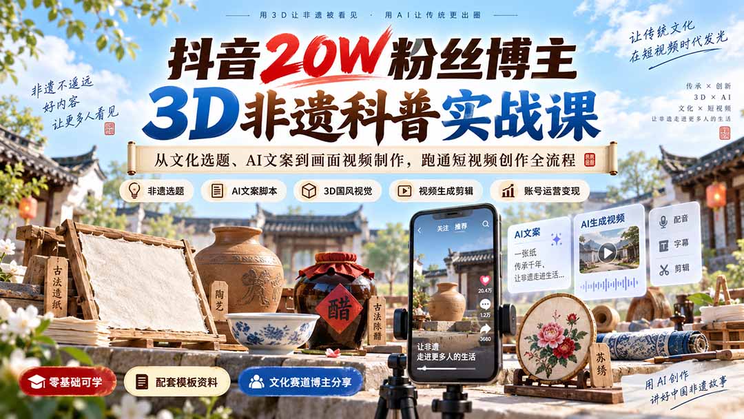 抖音20W粉丝博主3D非遗科普实战课：从文化选题、AI文案到画面视频制作，跑通短视频创作全流程-heixxmi
