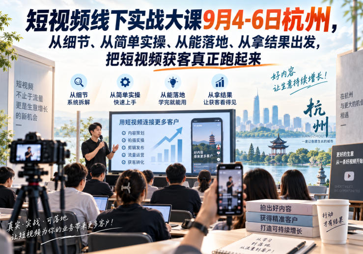 短视频线下实战大课9月4-6日杭州，从细节、从简单实操、从能落地、从拿结果出发，把短视频获客真正跑起来-heixxmi