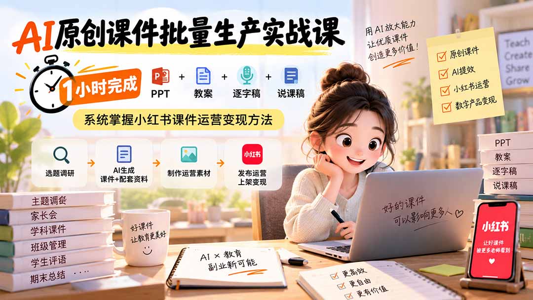 AI原创课件批量生产实战课：1小时完成PPT+教案+逐字稿+说课稿，系统掌握小红书课件运营变现方法-heixxmi