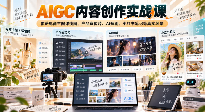 AIGC内容创作实战课，覆盖电商主图详情图、产品宣传片、AI短剧、小红书笔记等真实场景-heixxmi