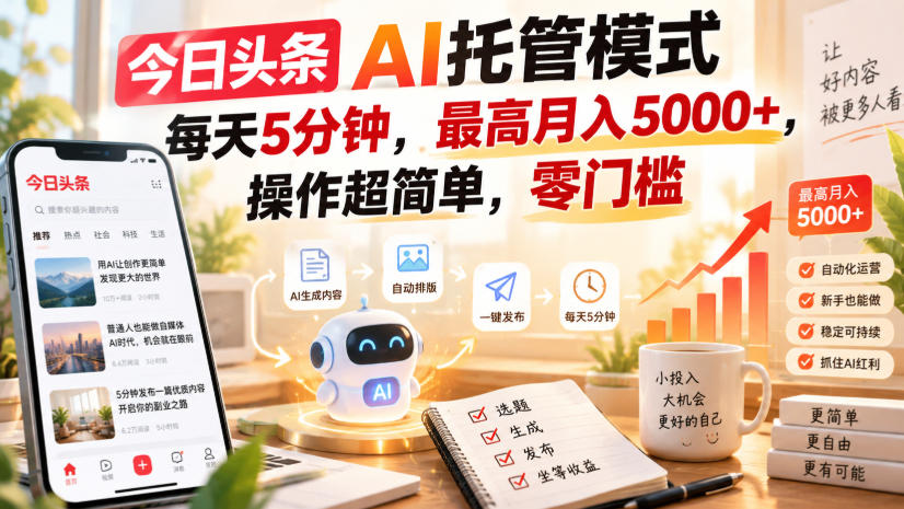 今日头条AI托管模式，每天5分钟，最高月入5000+，操作超简单，零门槛【揭秘】-heixxmi