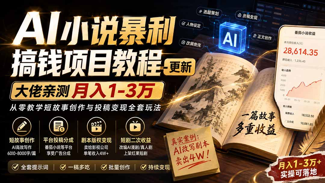 AI小说短故事暴利搞钱项目教程-更新，大佬亲测月入1-3万，从零教学短故事创作与投稿变现全套玩法-heixxmi