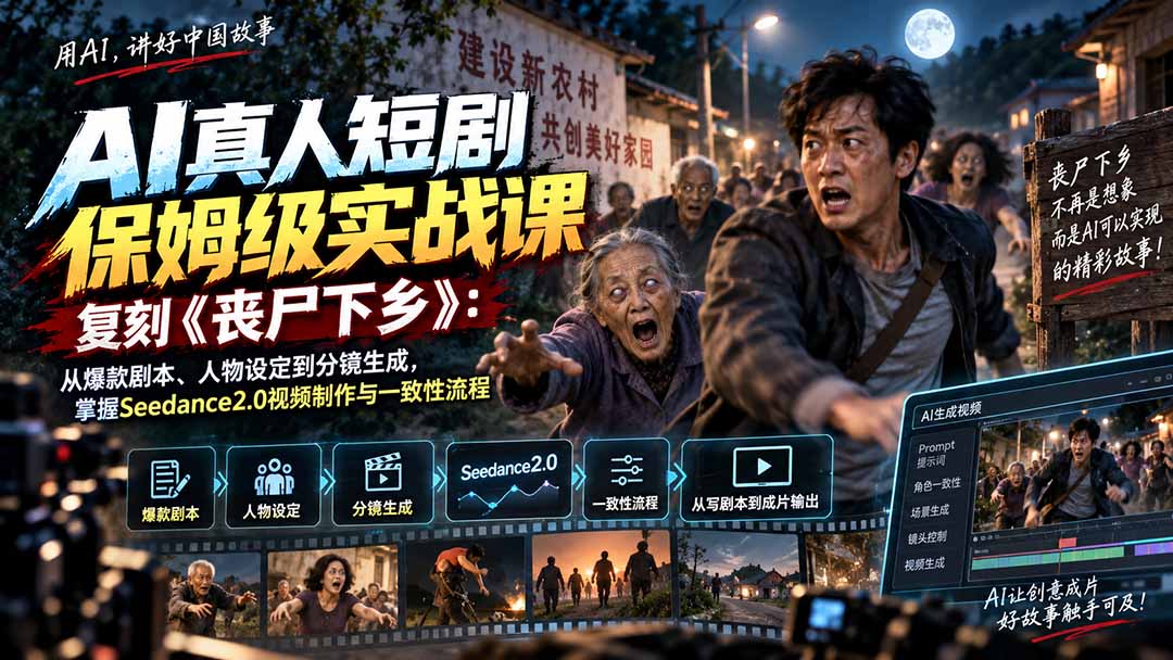 AI真人短剧保姆级实战课，复刻《丧尸下乡》：从爆款剧本、人物设定到分镜生成，掌握Seedance2.0视频制作与一致性流程-heixxmi