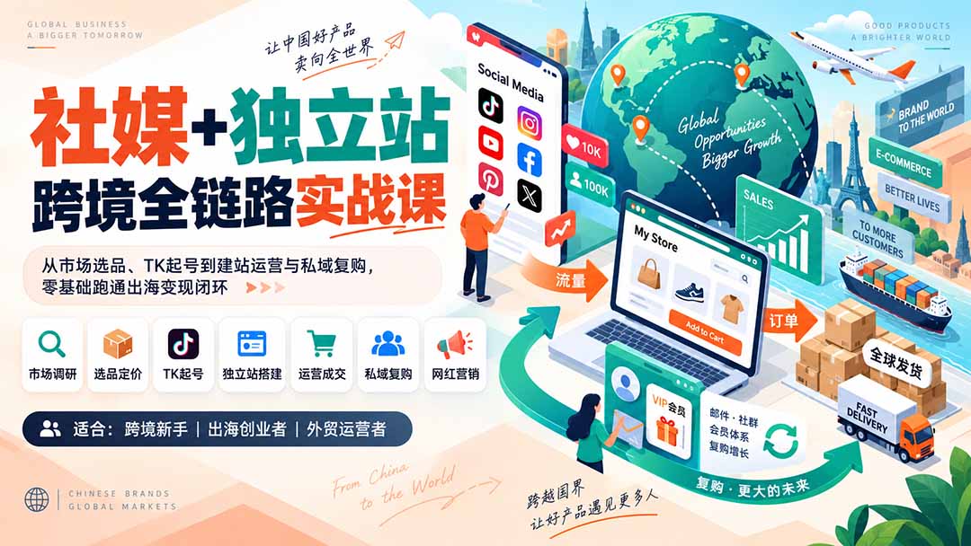 社媒+独立站跨境全链路实战课：从市场选品、TK起号到建站运营与私域复购，零基础跑通出海变现闭环-heixxmi