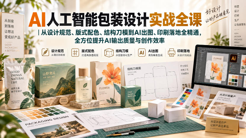 AI人工智能包装设计实战全课｜从设计规范、版式配色、结构刀模到AI出图、印刷落地全精通-heixxmi