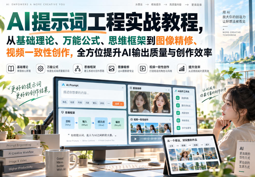 AI提示词工程实战教程，从基础理论、万能公式、思维框架到图像精修、视频一致性创作，全方位提升AI输出质量与创作效率-heixxmi