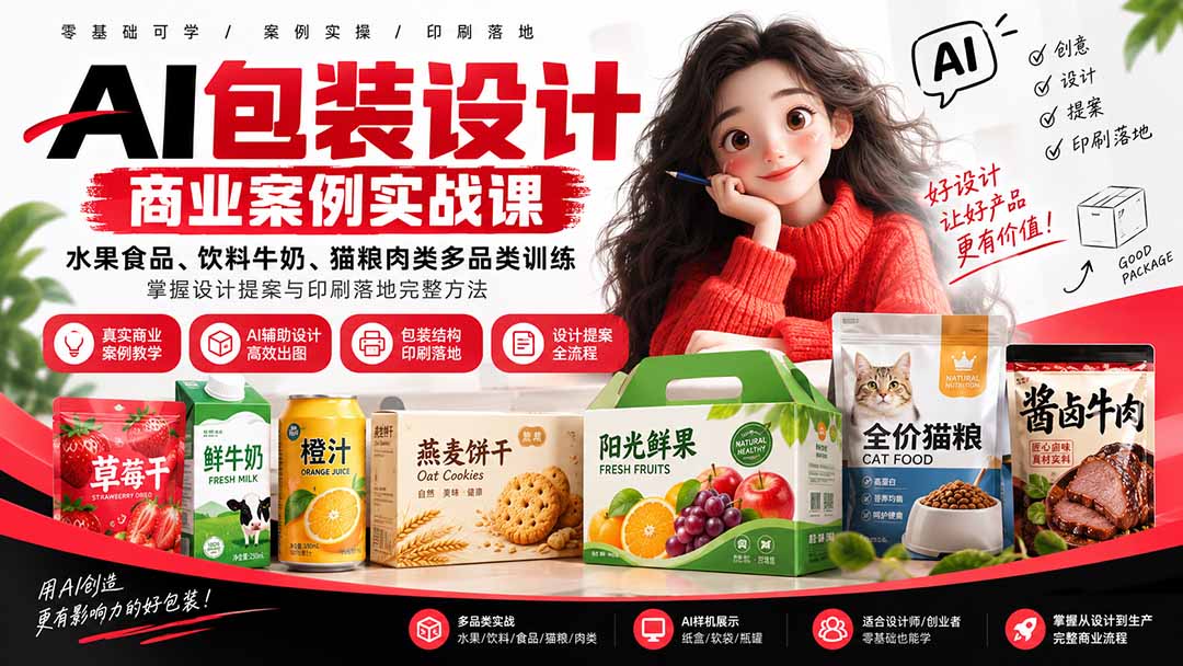 AI包装设计商业案例实战课：水果食品、饮料牛奶、猫粮肉类多品类训练，掌握设计提案与印刷落地完整方法-heixxmi