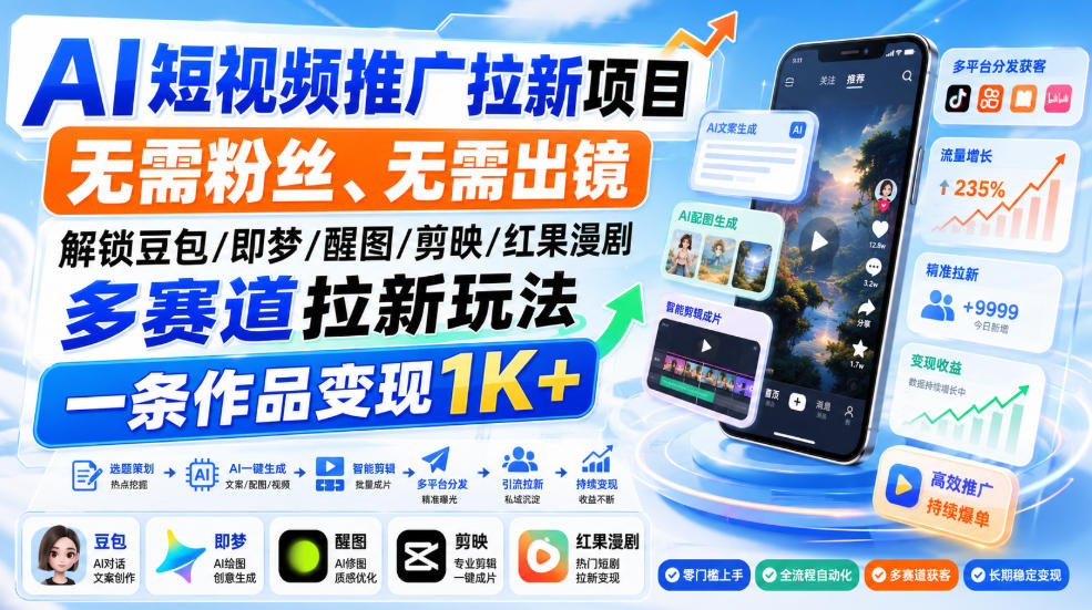 AI短视频推广拉新项目，无需粉丝、无需出镜，解锁豆包/即梦/醒图/剪映/红果漫剧多赛道拉新玩法，一条作品变现1K+(更新0910)-heixxmi