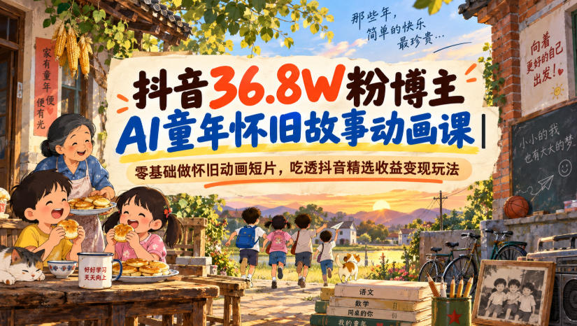 抖音36.8W粉博主AI童年怀旧故事动画课｜零基础做怀旧动画短片，吃透抖音精选收益变现玩法-heixxmi