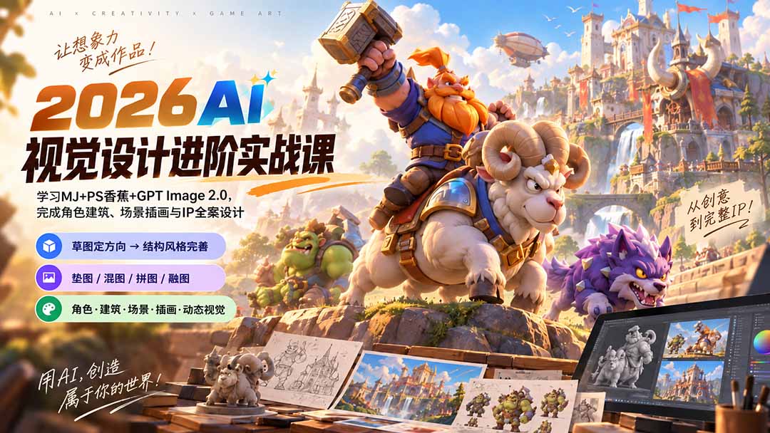 2026AI视觉设计进阶实战课-更新：学习MJ+PS香蕉+GPT Image 2.0，完成角色建筑、场景插画与IP全案设计-heixxmi