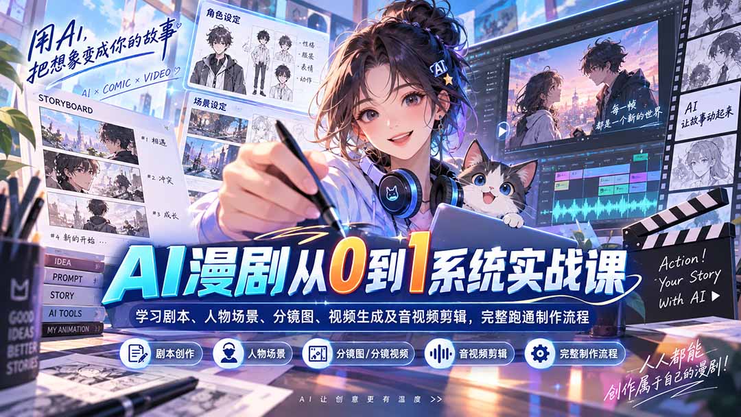 AI漫剧从0到1系统实战课：学习剧本、人物场景、分镜图、视频生成及音视频剪辑，完整跑通制作流程-heixxmi