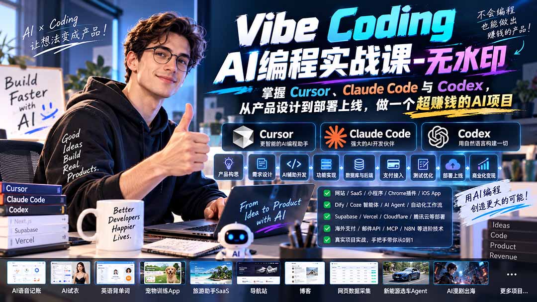 Vibe Coding AI编程实战课-无水印：掌握Cursor、Claude Code与Codex，从产品设计到部署上线，做一个超赚钱的AI项目-heixxmi