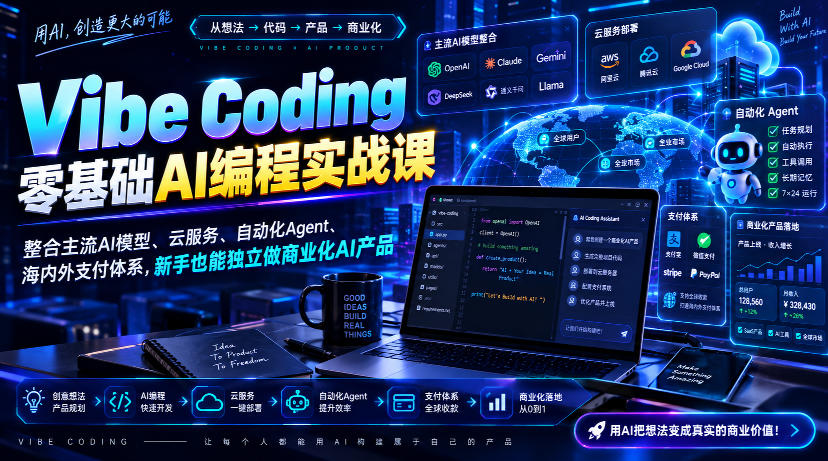 Vibe Coding零基础AI编程实战课-无水印，整合主流AI模型、云服务、自动化Agent、海内外支付体系，新手也能独立做商业化AI产品-heixxmi