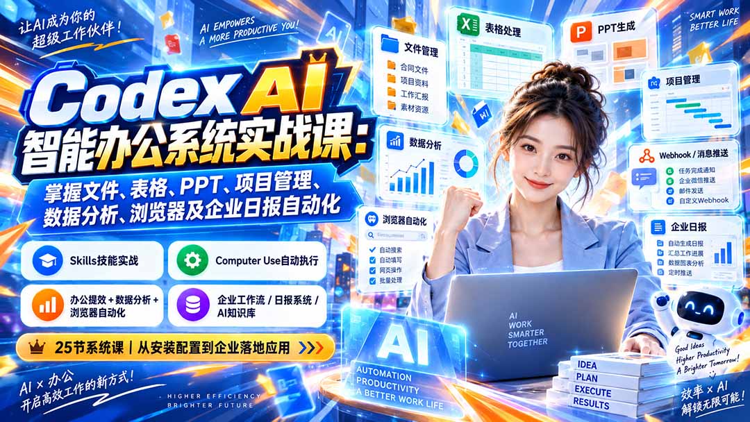 Codex AI智能办公系统实战课：掌握文件、表格、PPT、项目管理、数据分析、浏览器及企业日报自动化-heixxmi