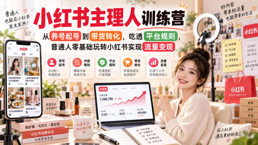 小红书主理人训练营，从养号起号到带货转化，吃透平台规则，普通人零基础玩转小红书实现流量变现-heixxmi