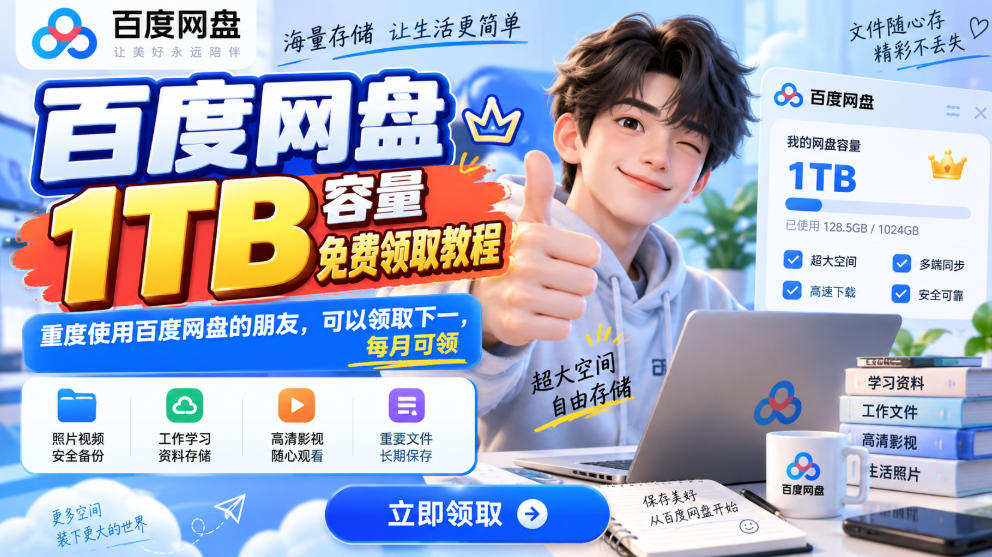 百度网盘1TB容量免费领取教程，重度使用百度网盘的朋友，可以领取下一，每月可领-heixxmi